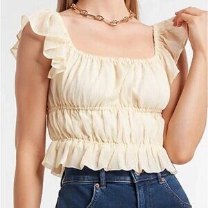 Express White Shimmer lines Ruffle Sleeve Crop Top Size XL